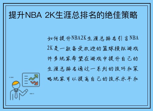 提升NBA 2K生涯总排名的绝佳策略